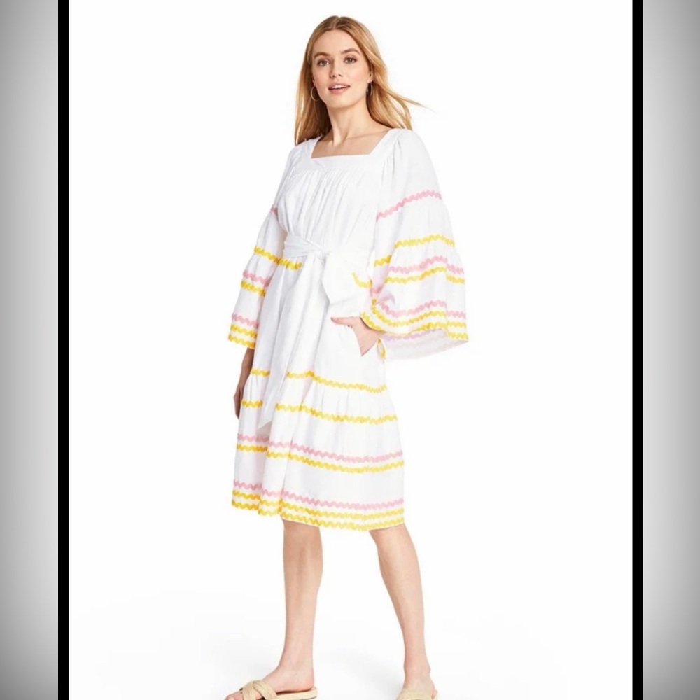 White Midi Dress with Pink & Yellow Trim